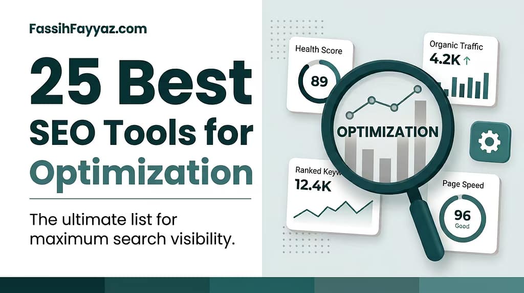 25 Best SEO Tools for Optimization by Fassih Fayyaz featuring analytics cards for Health Score, Organic Traffic, Ranked Keywords, and Page Speed highlighted under a magnifying glass.