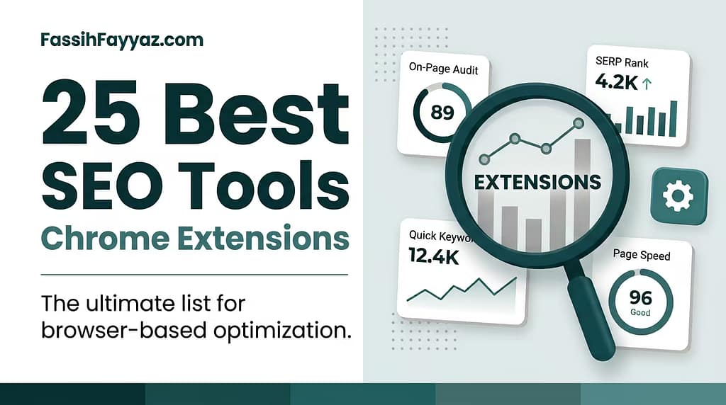 25 Best SEO Tools Chrome Extensions by Fassih Fayyaz featuring analytics cards for On-Page Audit, SERP Rank, Quick Keyword, and Page Speed highlighted under a magnifying glass.