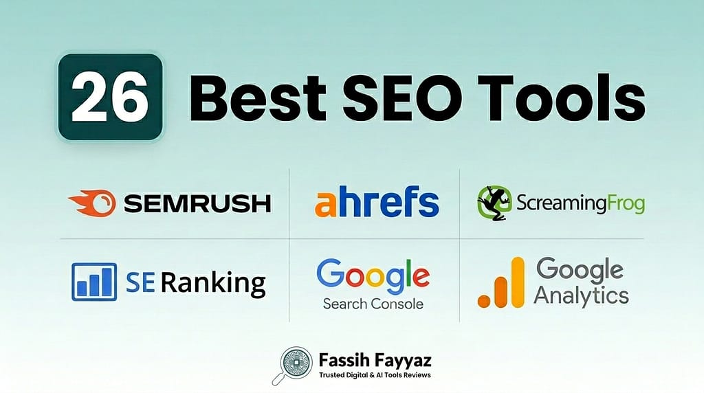 Best SEO tools comparison image featuring Semrush, Ahrefs, Screaming Frog, SE Ranking, Google Search Console, and Google Analytics